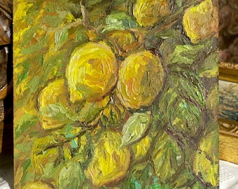 Lemon Still Life Painting, Miniature Kitchen Decor, 4x4 in