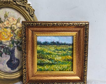 Pintura al óleo de paisaje, arte de pradera enmarcado, naturaleza rústica, decoración de pared, pintura de regalo