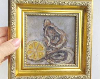 Oysters Oil Painting: Framed Seafood Still Life, Vintage Kitchen Art