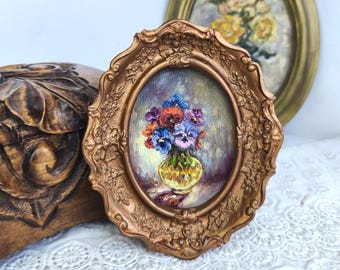 Flowers Oil Painting,Pensy Original Art,Vintage Style,Bedroom Wall Decor,Framed Artwork