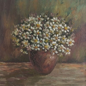 Cuadro pequeño de margaritas, arte original, pintura al óleo, naturaleza muerta floral, arte pintado a mano, pintura de regalo