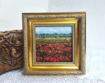 Poppy Field, Oil Painting, Original, Floral Landscape, Framed Artwork, Impressionist Meadow, Cottagecore Wall Art
