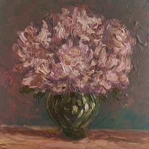 Pintura em miniatura, arte com peônias rosas, pintura a óleo floral, arte colecionável, pintura minúscula, arte em estilo vintage