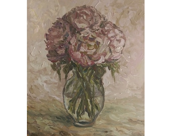 Peony Oil Painting: Impressionist Floral Still Life, 8x10 Original Artwork