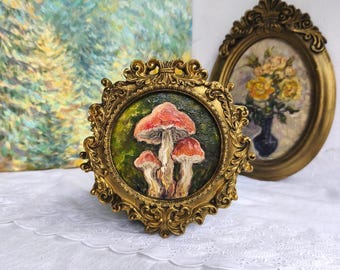 Mushroom Oil Painting, Rustic Fall Home Decor, Original Woodland Art, Autumn Cottage Decor, Nature Gift
