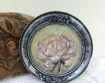 Peony Oil Painting,Vintage Style Art,Floral Painting,Framed Wall Decor,Unique Gift Art,Original Painting,Miniature Wall Art