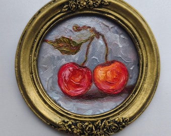 Cherry Oil Painting,Vintage Style Art,Framed  Wall Decor,Gift For Kitchen
