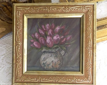 Tulips Painting,Floral Original Art,Framed Painting,Vintage Style Art,Moody Still Life,Oil Painting,Gift Wall Decor