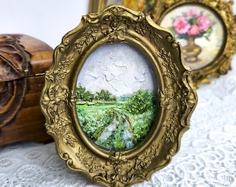 Landscape Painting, Countryside Field, Original Oil Art, Miniature Wall Decor, Vintage Style, Nature Art