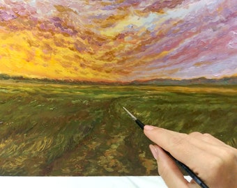 Sunset Oil Painting,Clouds Landscape Original Art,Handpainted Painting,Field Landscape Wall Art,Housewarming Gift