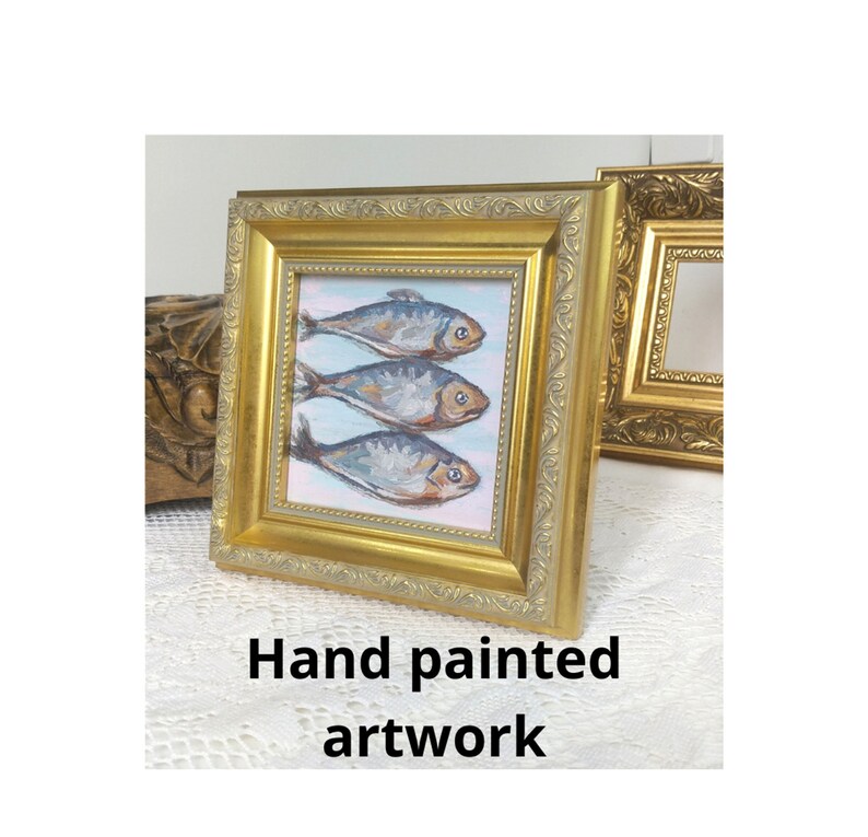 Sardines Painting,Framed Artwork,Kitchen Wall Decor,Fish Painting,Vintage Style Art,Golden Frame,Oil Painting image 2