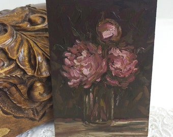 Piccolo dipinto di peonia, arte in stile vintage, natura morta floreale, regalo di pittura originale, arte murale floreale