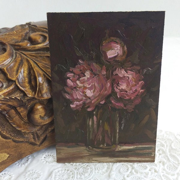 Petite peinture pivoine, art de style vintage, nature morte florale, cadeau de peinture originale, art mural floral