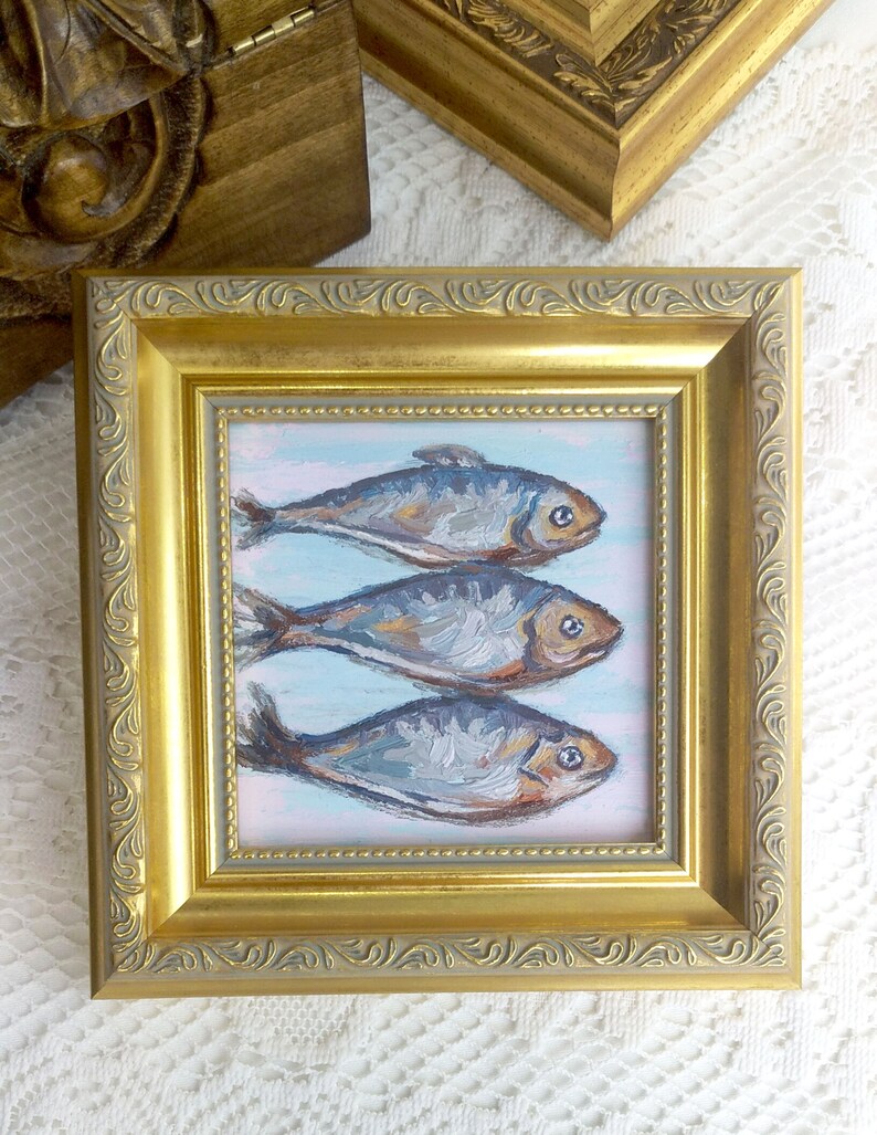 Sardines Painting,Framed Artwork,Kitchen Wall Decor,Fish Painting,Vintage Style Art,Golden Frame,Oil Painting image 5