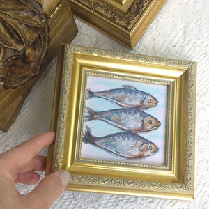 Sardines Painting,Framed Artwork,Kitchen Wall Decor,Fish Painting,Vintage Style Art,Golden Frame,Oil Painting image 8