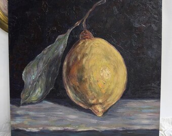 Lemon Oil Painting, Vintage Style Art, Fruit Still Life,Kitchen Wall Art