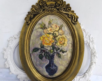 Roses Original Oil Painting in Gold Frame, Floral Wall Art, Cottagecore Decor, Vintage Style Art