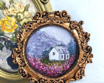 Cabaña escocesa, pintura al óleo, arte vintage, paisaje escocés, arte mural enmarcado