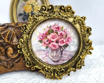 Framed Pink Roses Oil Painting, Antique Style Floral Still Life, 5.5"