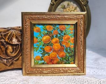 Orange Tree, Oil Painting, Original Citrus, Artwork, Framed Miniature Painting, Mediterranean Wall Decor,