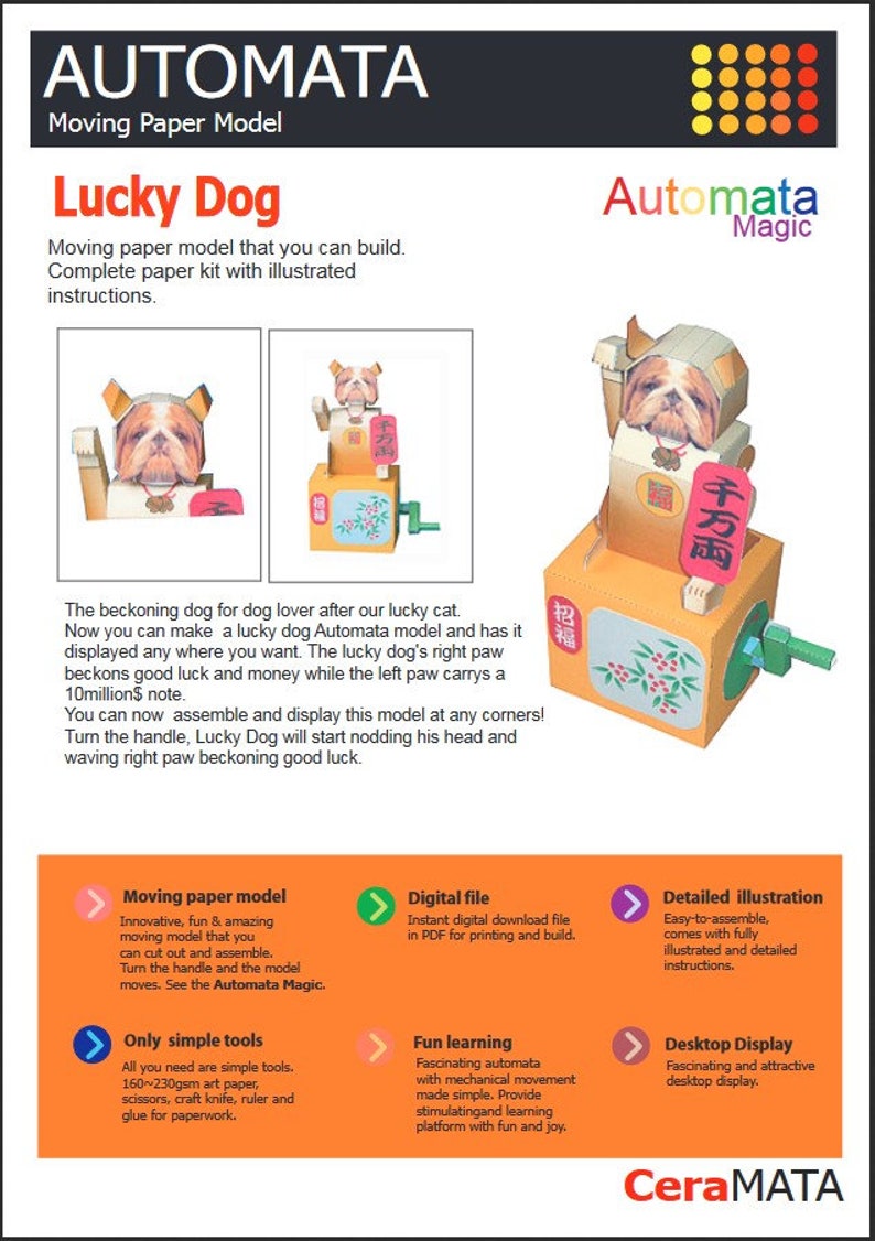 Kinetic Paper Model Moving Paper Automata Lucky Dog Digital Download PDF