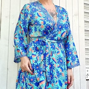 Silk Blend Kimono Wrap Dress: Boho Floral Bell Sleeve Maxi