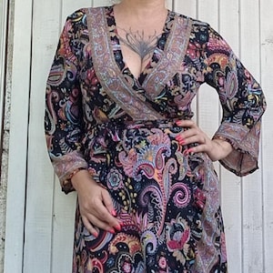 Wrap Dress, Kimono Tie-up Belt dress, Polysilk Summer V Neck Dress, Long slit Dress, Deep Neck Maxi Knot dress, Plus Size Custom Clothing