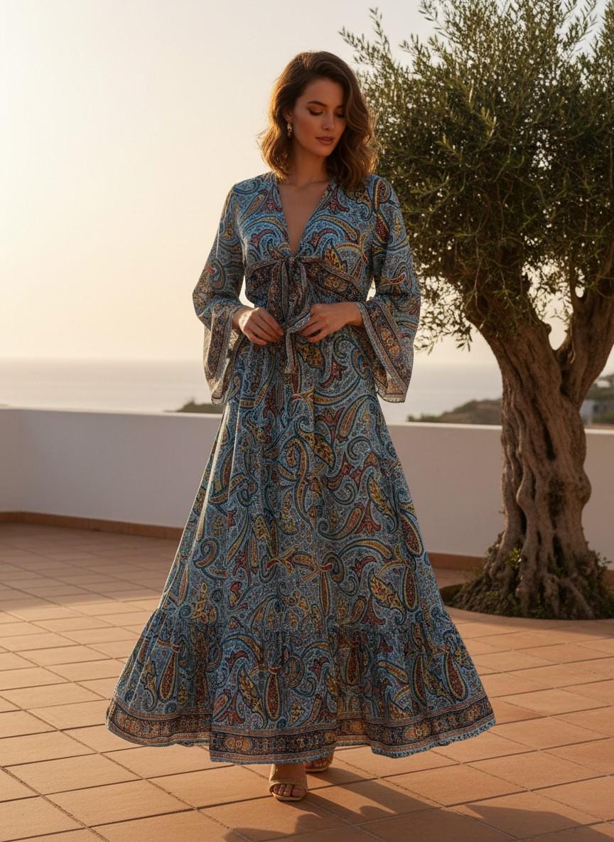 Silk Boho Maxi Dress: Floral Long Sleeve Wrap Dress