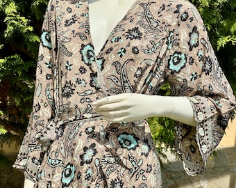 Vestido largo estilo bohemio para mujer, vestido floral de verano, vestido playero vaporoso, conjunto con mangas de kimono, estilo vacacional.