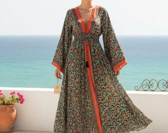 Boho Maxi Dress Women, Floral Poly Silk Dress, Deep V Neck Dress, Flowy Summer Dress, Beach Vacation Outfit