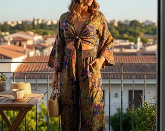 Conjunto bohemio de dos piezas para mujer, conjunto bohemio floral, top corto con pantalones anchos, atuendo para festivales, ropa de vacaciones, conjunto bohemio de verano.
