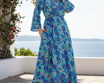 Maxi robe portefeuille bohème, robe kimono pour femme, robe nouée à la taille, tenue de vacances à la plage, caftan à manches longues