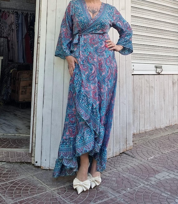 flowy kimono dress Boho Maxi Women, Floral Wrap Dress, Sleeve Dress, Summer Dress, Beach Vacation Outfit pcat-202