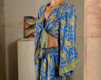 Boho tvådelat set för kvinnor, blommig boho-outfit, kort topp med vida ben, festivaloutfit, semesterkläder, boho sommarset