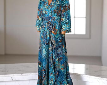 Vestido largo estilo boho para mujer, vestido cruzado floral, vestido con mangas kimono, vestido veraniego vaporoso, atuendo para vacaciones en la playa.