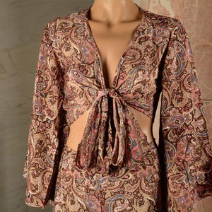Boho Crop Top and Wide Leg Trousers Set: Silk Rayon Blend, Floral 70s Print