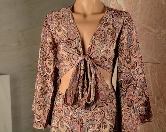 Boho Crop Top and Wide Leg Trousers Set: Silk Rayon Blend, Floral 70s Print