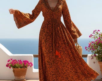 Boho Maxi Dress, Elastic Waist Dress, Lace Up Front Maxi Dress, Summer Beach Dress, Vacation Outfit Women
