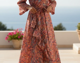 Vestido largo estilo bohemio, vestido pareo de playa, atuendo para vacaciones de verano, caftán de manga larga, ropa de resort para mujer.