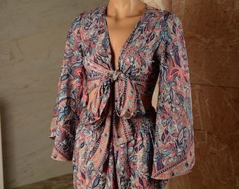 Boho tvådelat set för kvinnor, blommig boho-outfit, kort topp med vida ben, festivaloutfit, semesterkläder, boho sommarset