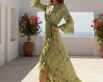 Vestido largo cruzado, caftán bohemio verde, vestido con mangas de kimono, atuendo para vacaciones en la playa, ropa de resort para mujer