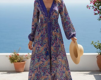 Vestido largo bohemio para mujer, vestido floral de verano, vestido con cintura elástica, escote con cordones, vestido vaporoso de playa, atuendo de vacaciones
