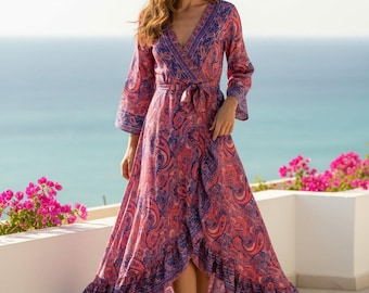 Vestido largo estilo boho para mujer, vestido cruzado floral, vestido fluido con mangas kimono, atuendo de playa de verano, ropa de vacaciones