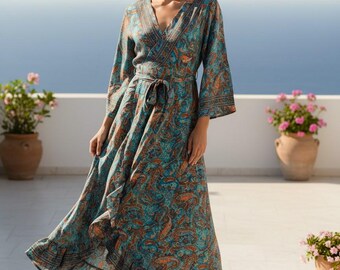 Vestido largo estilo bohemio, vestido de verano para mujer, vestido cruzado floral, vestido de playa vaporoso, caftán con mangas de kimono, conjunto de ropa de resort.