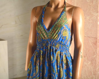 Mono bohemio de seda con estampado floral - Cuello halter bohemio de pierna ancha