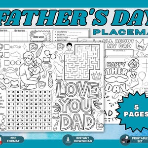 Father’s Day Printable Placemats for Kids – 5 Fun Activity Pages | Coloring, Word Search, Maze, Tic Tac Toe | Instant Download PDF