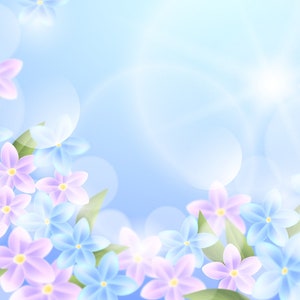 May include: A soft blue background with a cluster of light blue and lavender flowers. The flowers are arranged in a corner of the image, with the rest of the background being a soft blue.