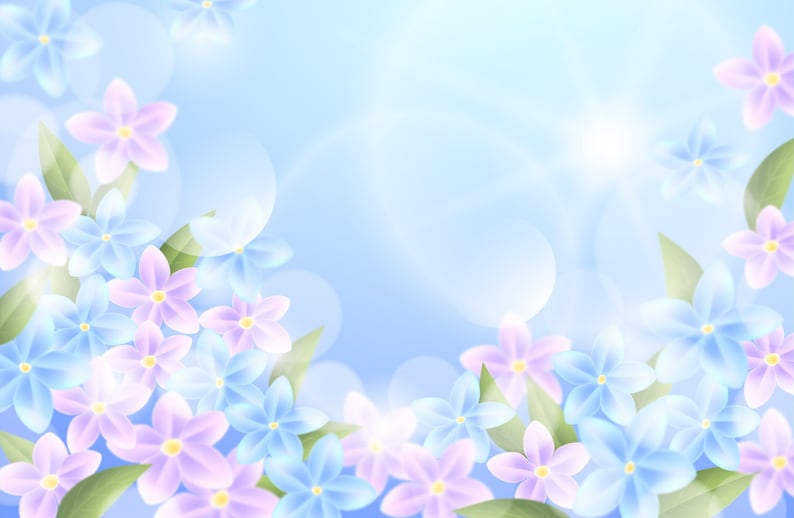 May include: A soft blue background with a cluster of light blue and lavender flowers. The flowers are arranged in a corner of the image, with the rest of the background being a soft blue.