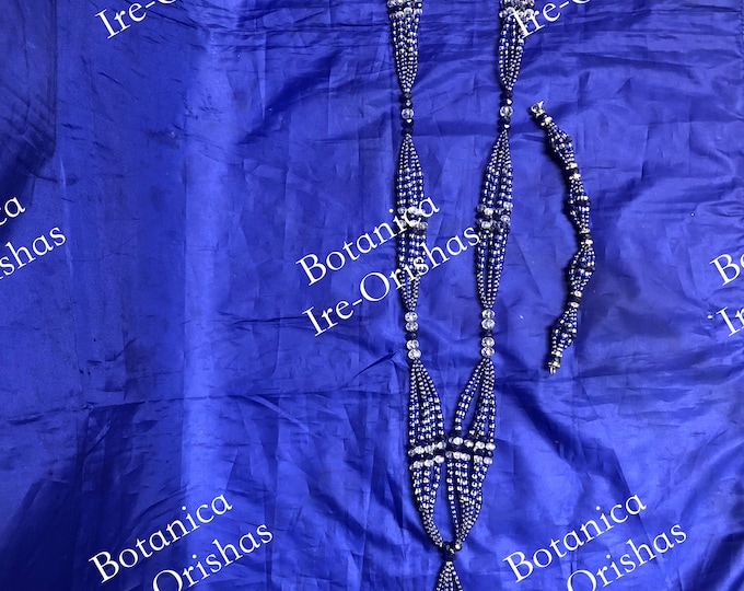 Juego de Collar e ilde de Yemaya cabecero en cristal religion yoruba ifa santeria