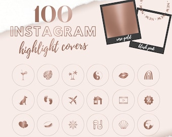Pode incluir: Um conjunto de 100 capas de destaque do Instagram com vários ícones em um esquema de cores dourado rosa. Os ícones incluem um copo de coquetel, uma palmeira, um símbolo yin yang, um par de lábios, um arco-íris, uma pegada de pata de cachorro, uma pegada, um avião, uma casa, um botão de reprodução, um sinal de porcentagem, um coração, um cílio, um floco de neve, um par de fones de ouvido, uma concha e um globo terrestre.